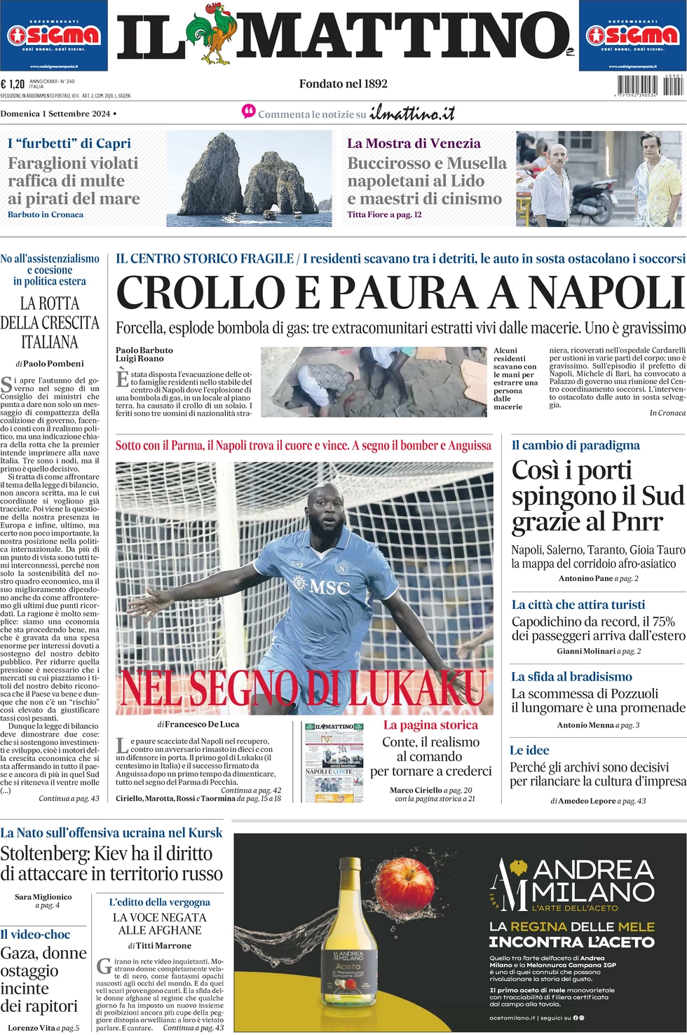 anteprima della prima pagina di il-mattino del 01/09/2024