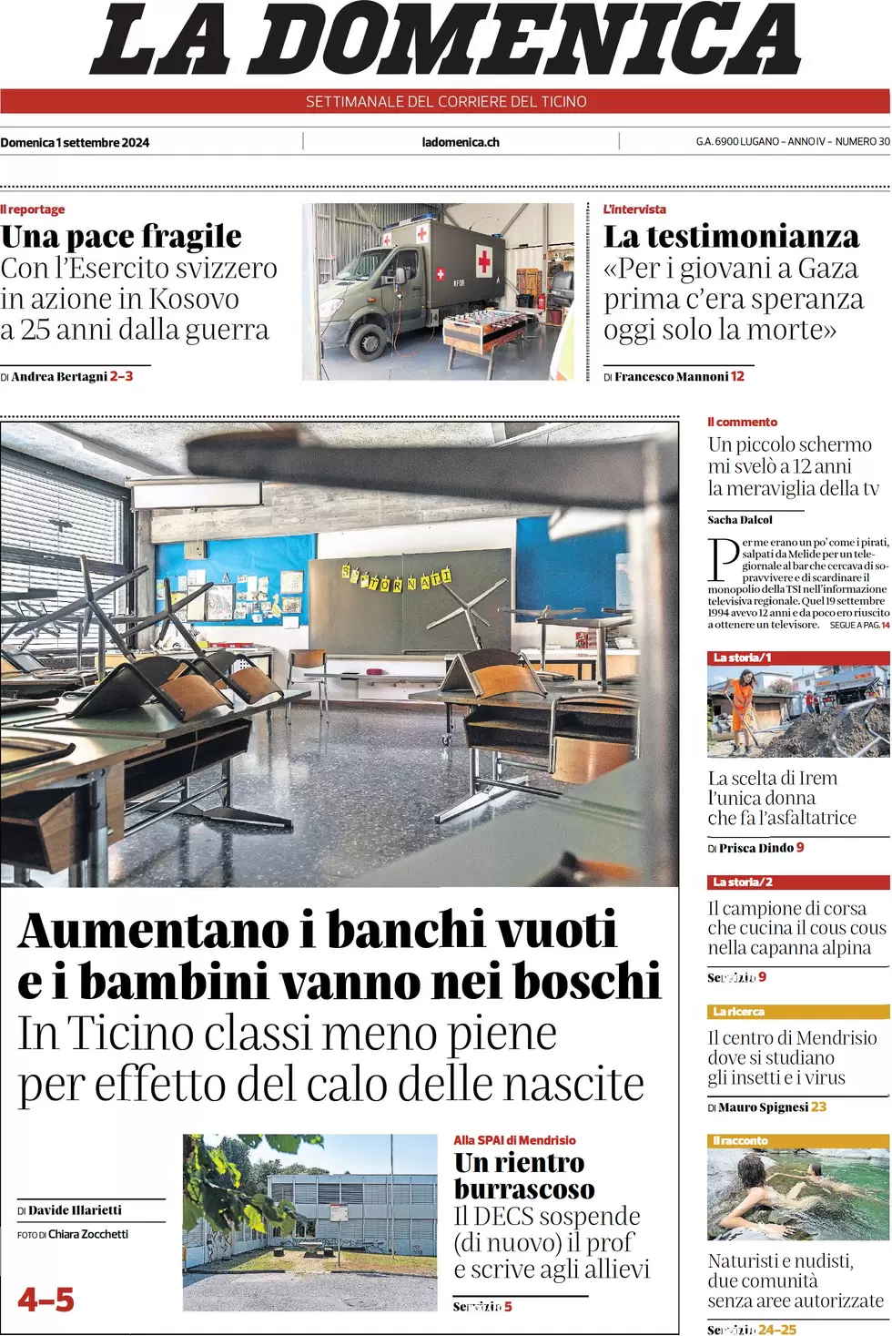 anteprima della prima pagina di corriere-del-ticino del 01/09/2024