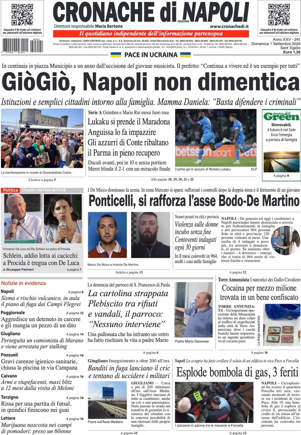 anteprima della prima pagina di cronache-di-napoli del 01/09/2024