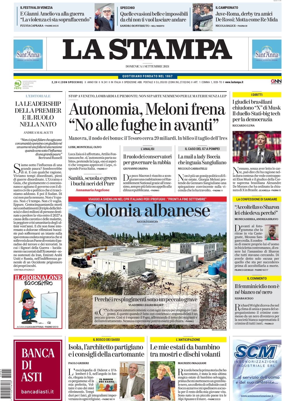 anteprima della prima pagina di la-stampa del 01/09/2024