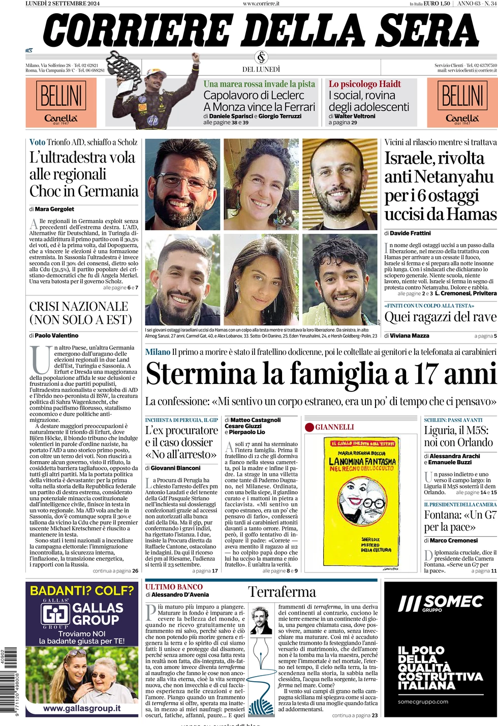 anteprima della prima pagina di corriere-della-sera del 02/09/2024