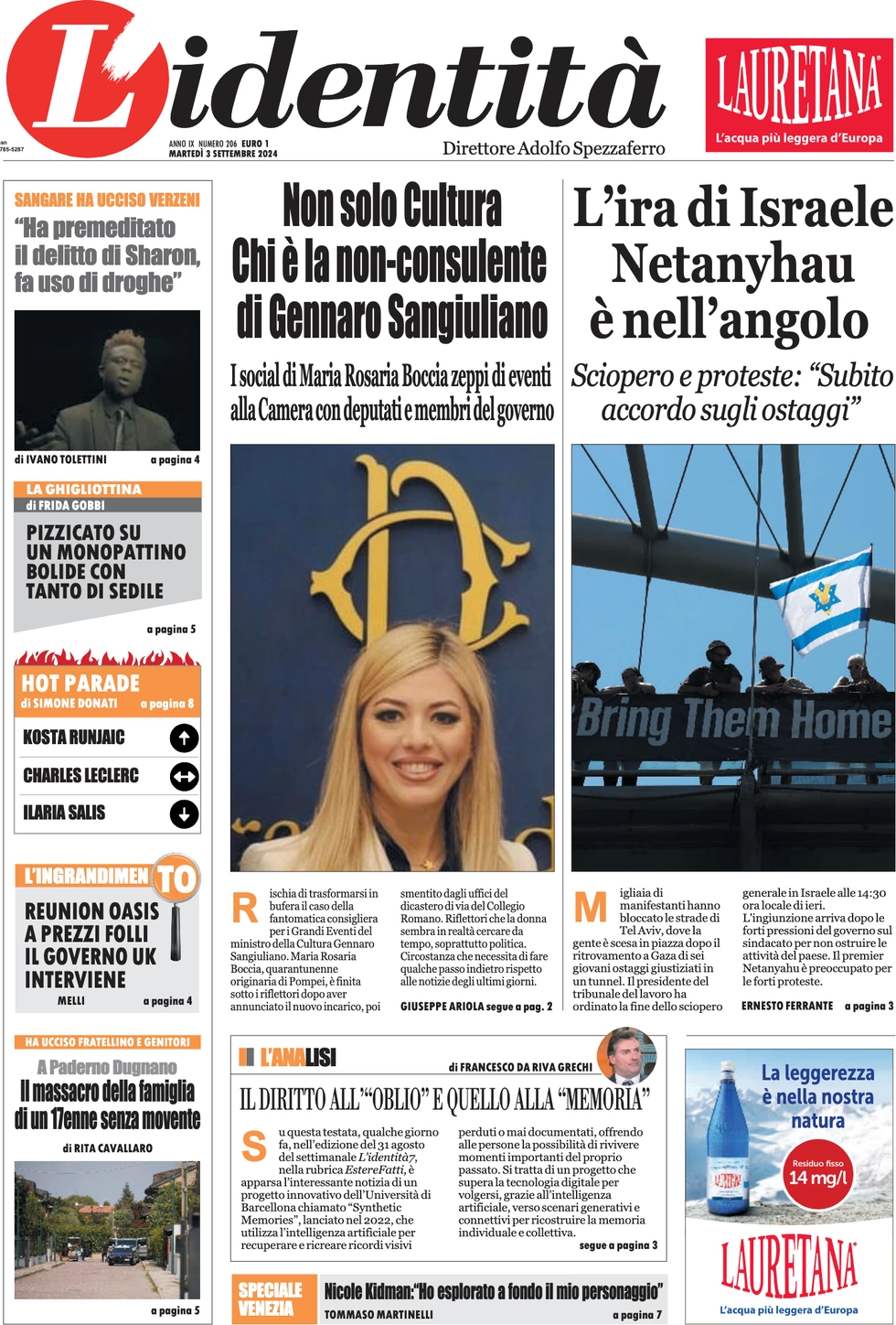 anteprima della prima pagina di lidentit del 02/09/2024