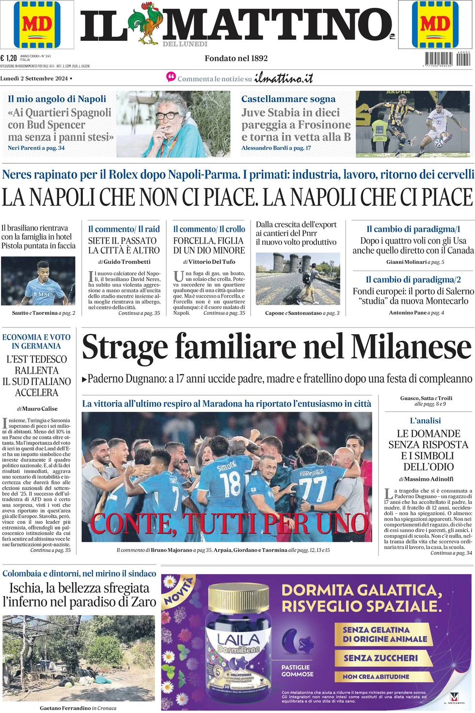 anteprima della prima pagina di il-mattino del 02/09/2024