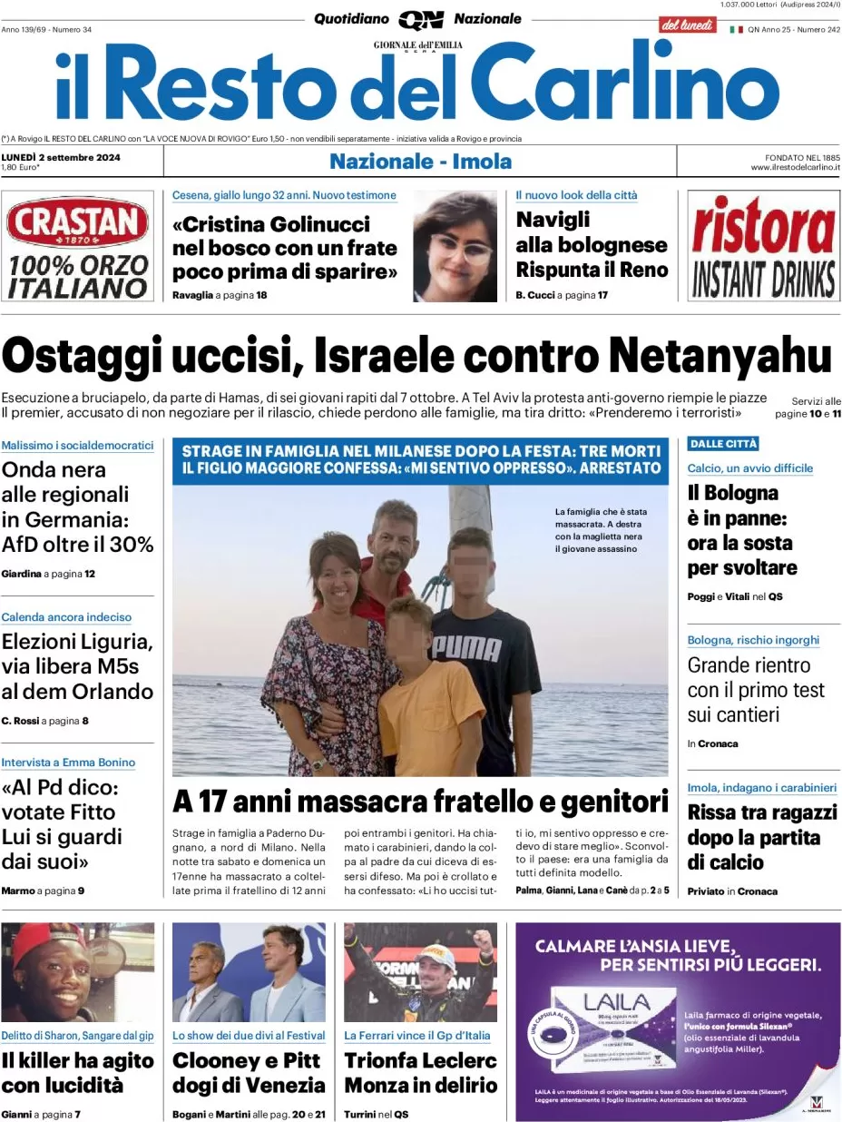 anteprima della prima pagina di il-resto-del-carlino del 02/09/2024