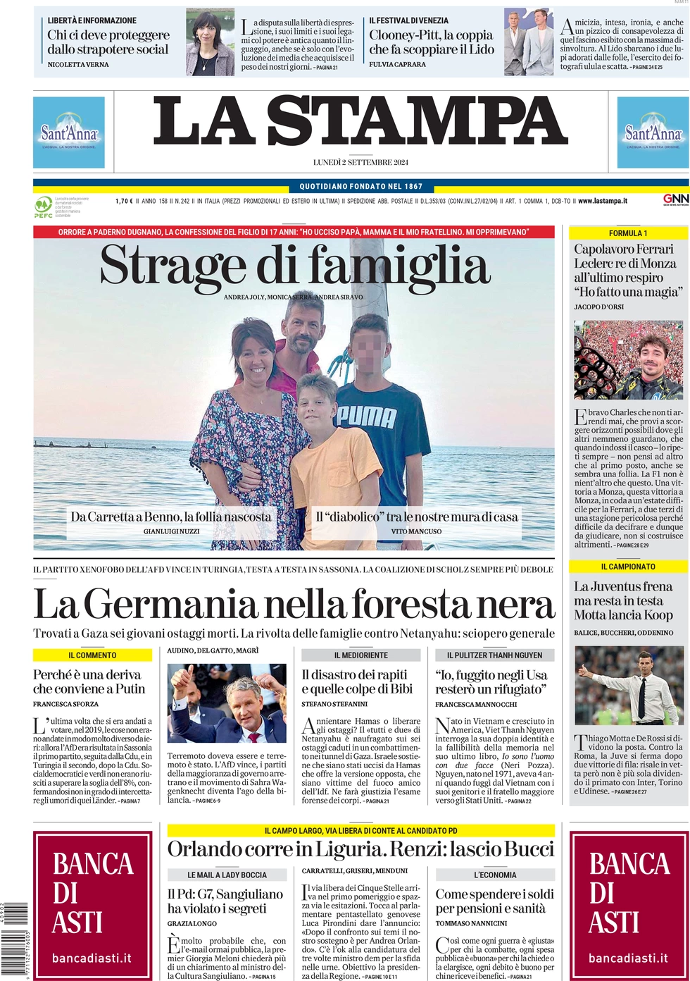 anteprima della prima pagina di la-stampa del 02/09/2024