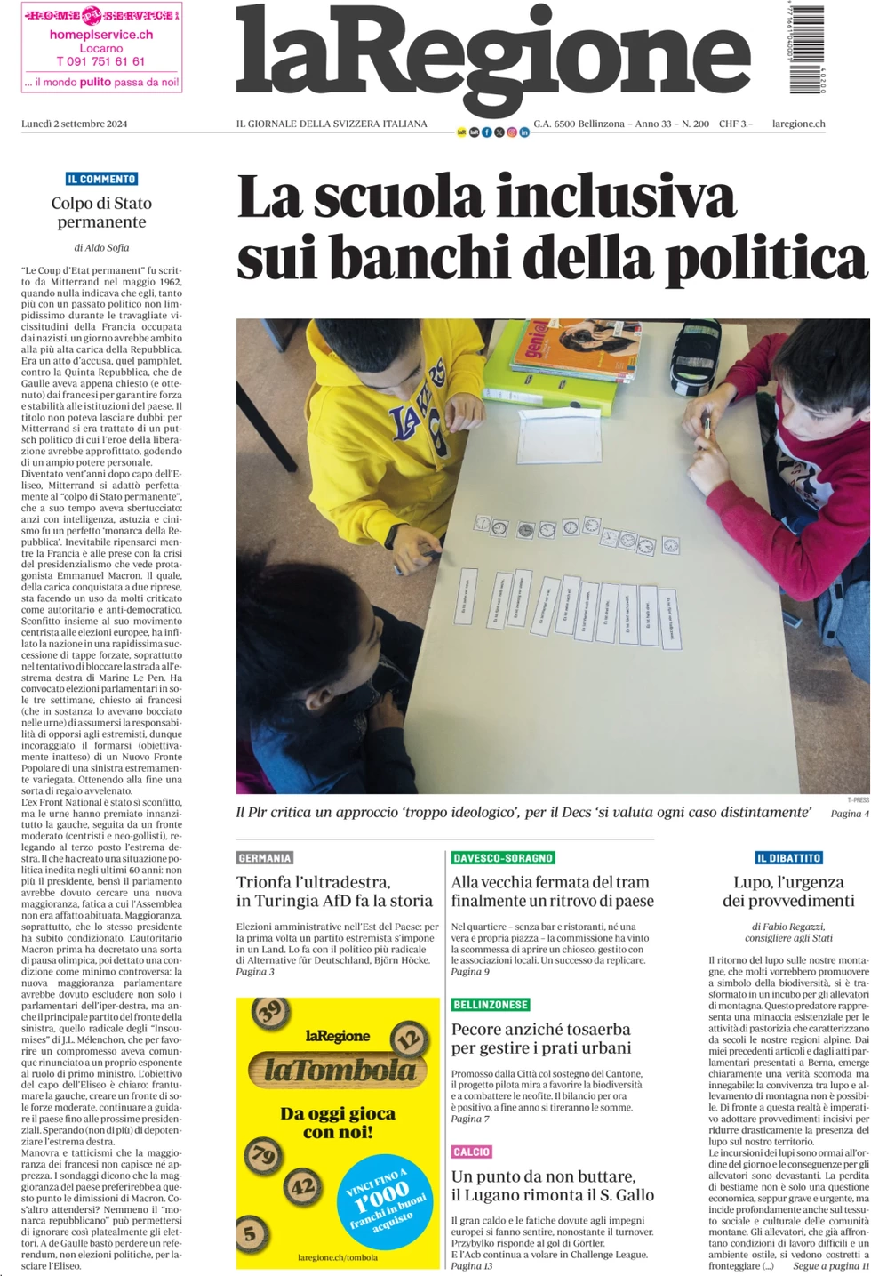 anteprima della prima pagina di la-regione del 02/09/2024