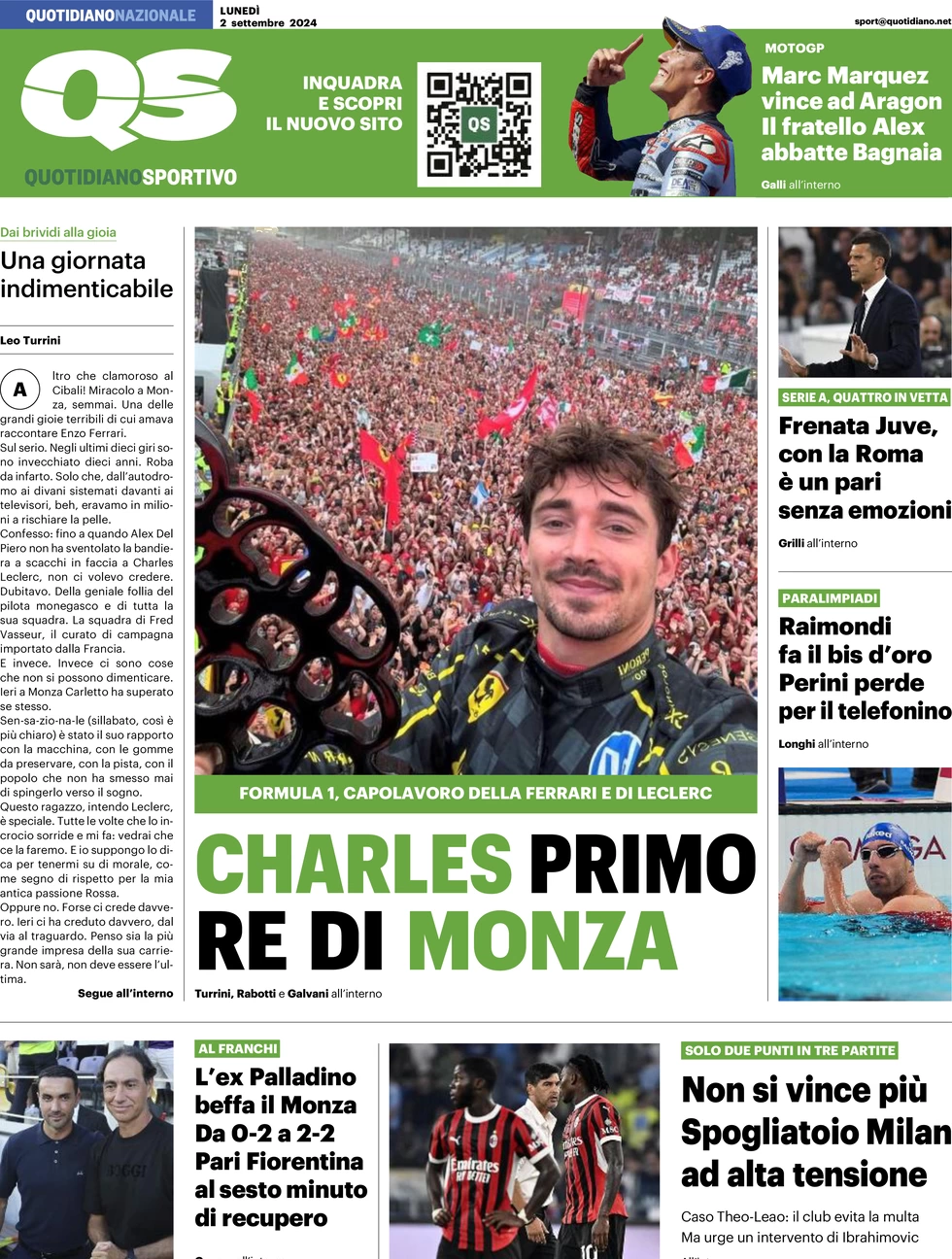 anteprima della prima pagina di qs-quotidiano-sportivo del 02/09/2024