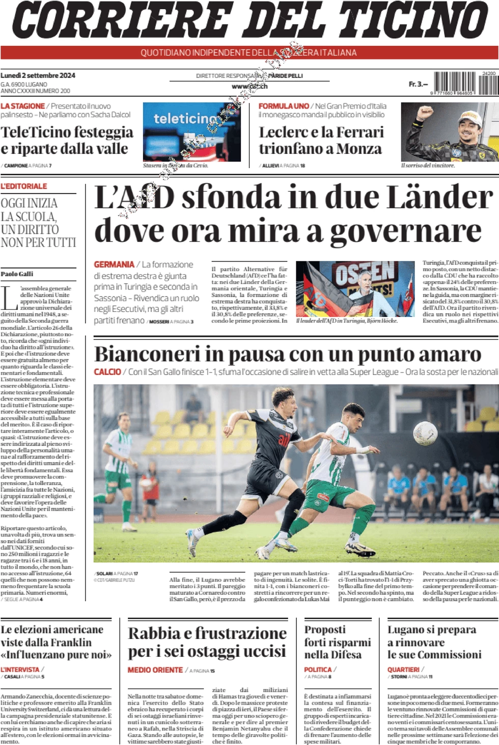 anteprima della prima pagina di corriere-del-ticino del 02/09/2024