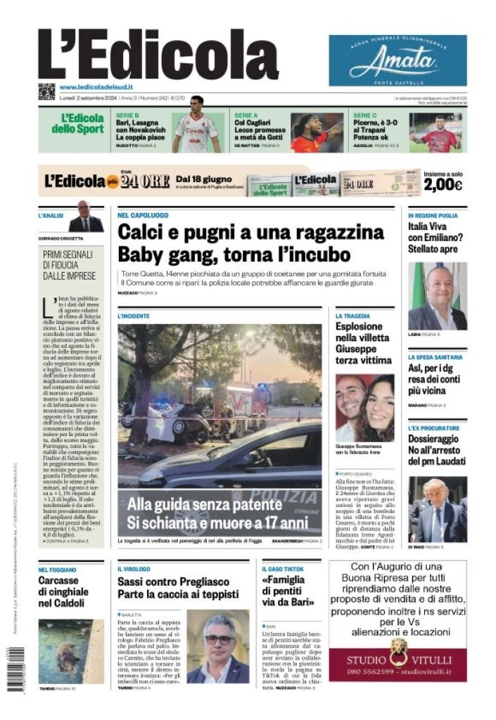 anteprima della prima pagina di ledicola-del-sud-bari,-foggia,-basilicata del 02/09/2024