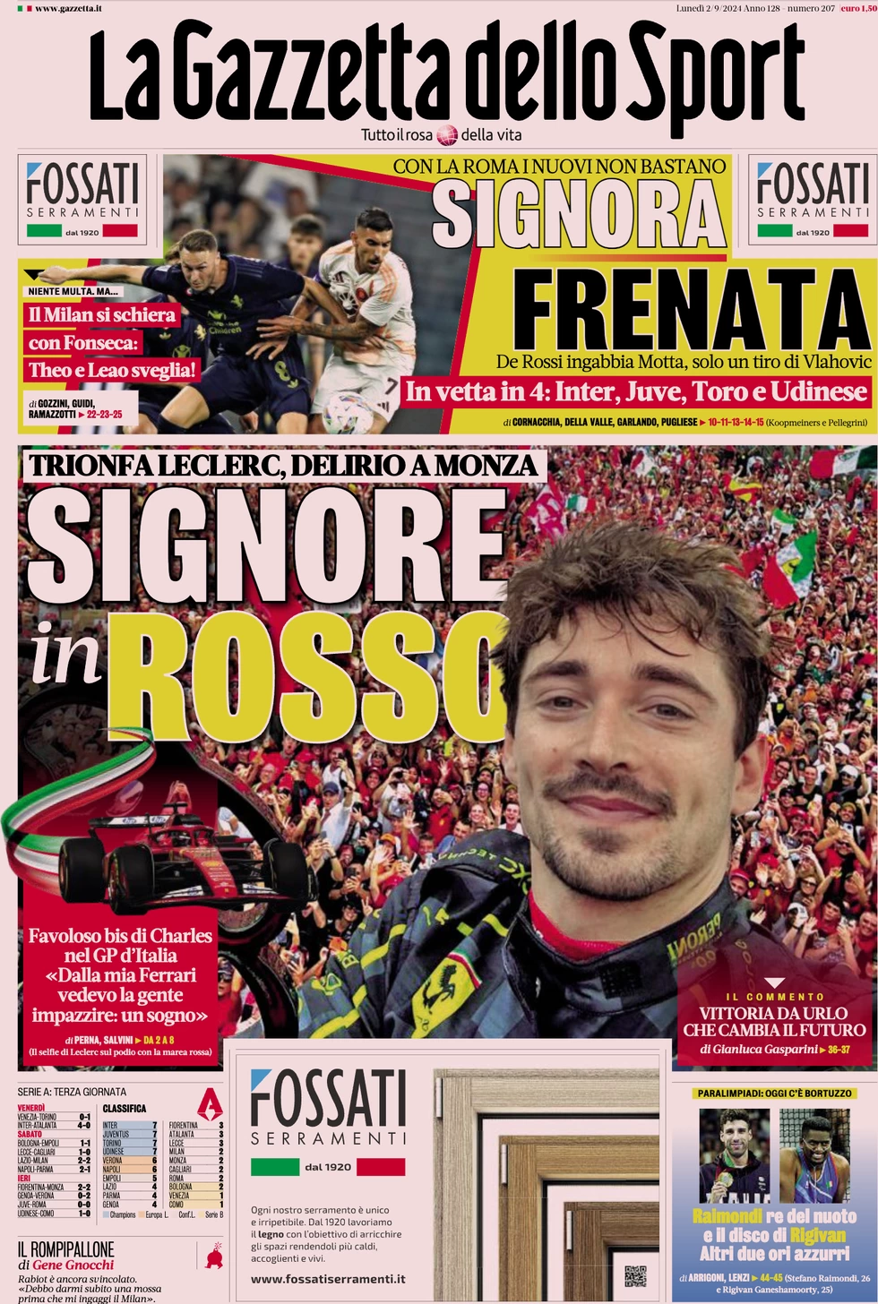 anteprima della prima pagina di la-gazzetta-dello-sport del 02/09/2024