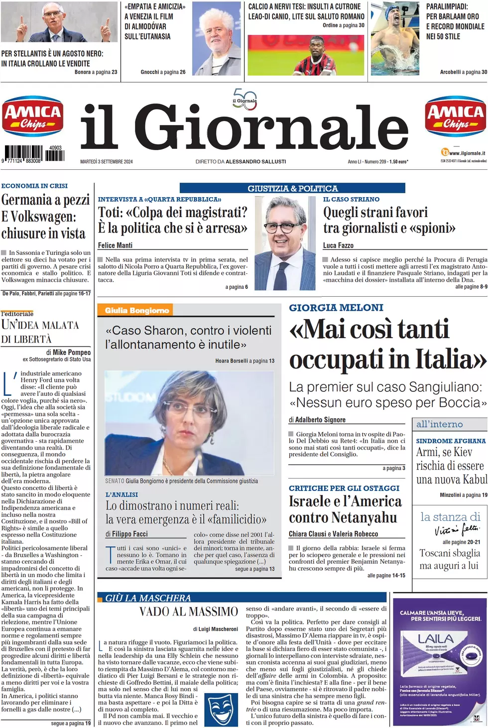 anteprima della prima pagina di il-giornale del 03/09/2024