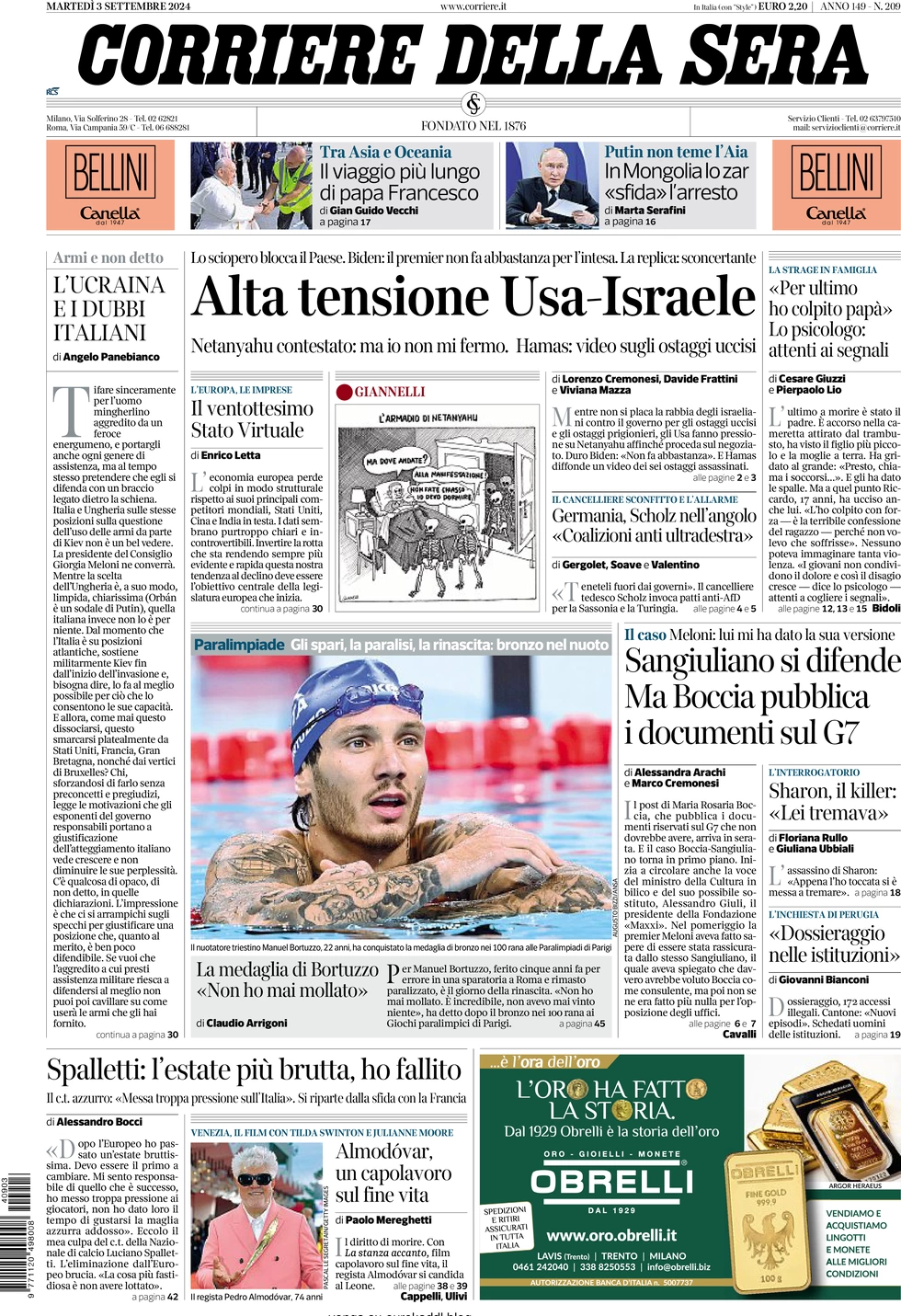 anteprima della prima pagina di corriere-della-sera del 03/09/2024