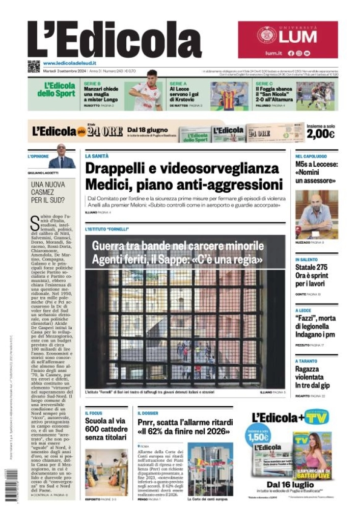 anteprima della prima pagina di ledicola-del-sud-bari,-foggia,-basilicata del 03/09/2024