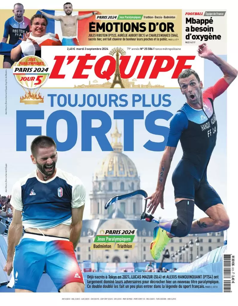anteprima della prima pagina di lequipe del 03/09/2024