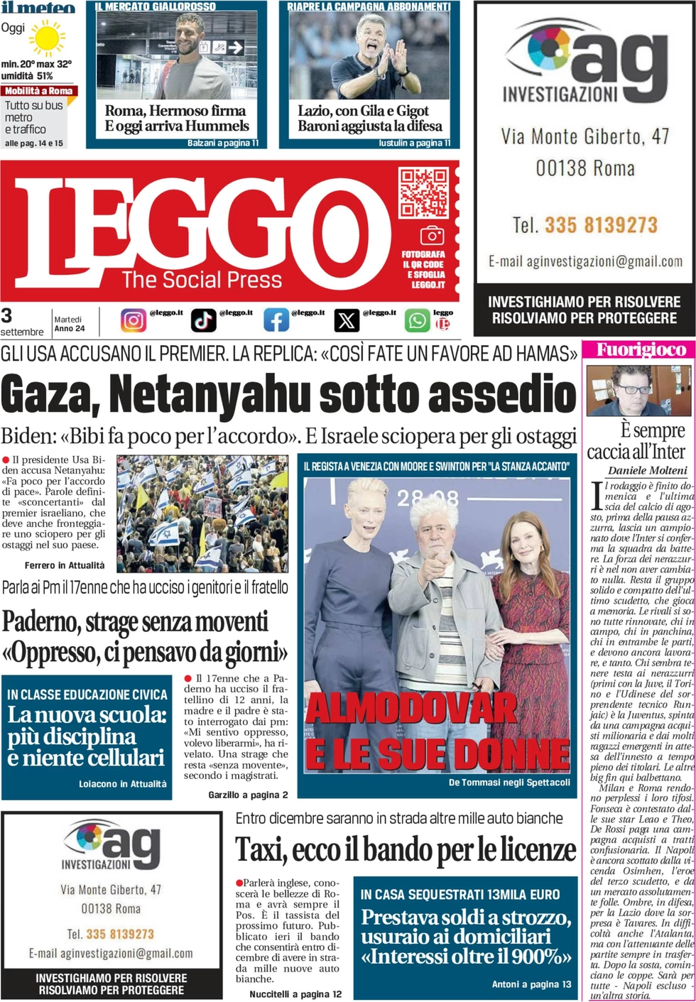 anteprima della prima pagina di leggo-roma del 03/09/2024