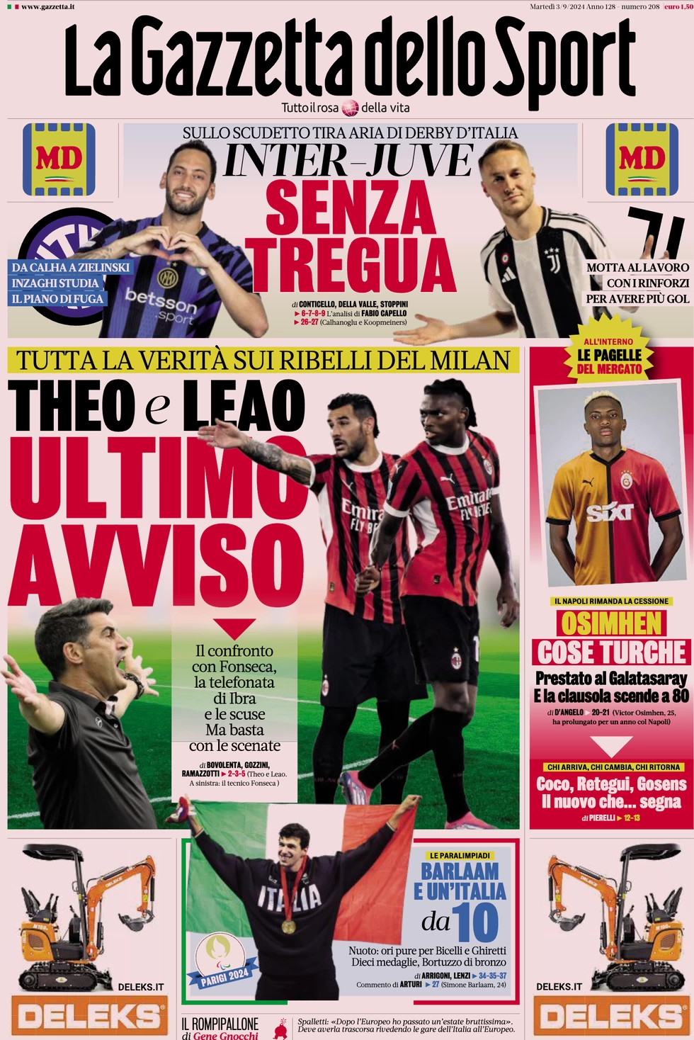 anteprima della prima pagina di la-gazzetta-dello-sport del 03/09/2024