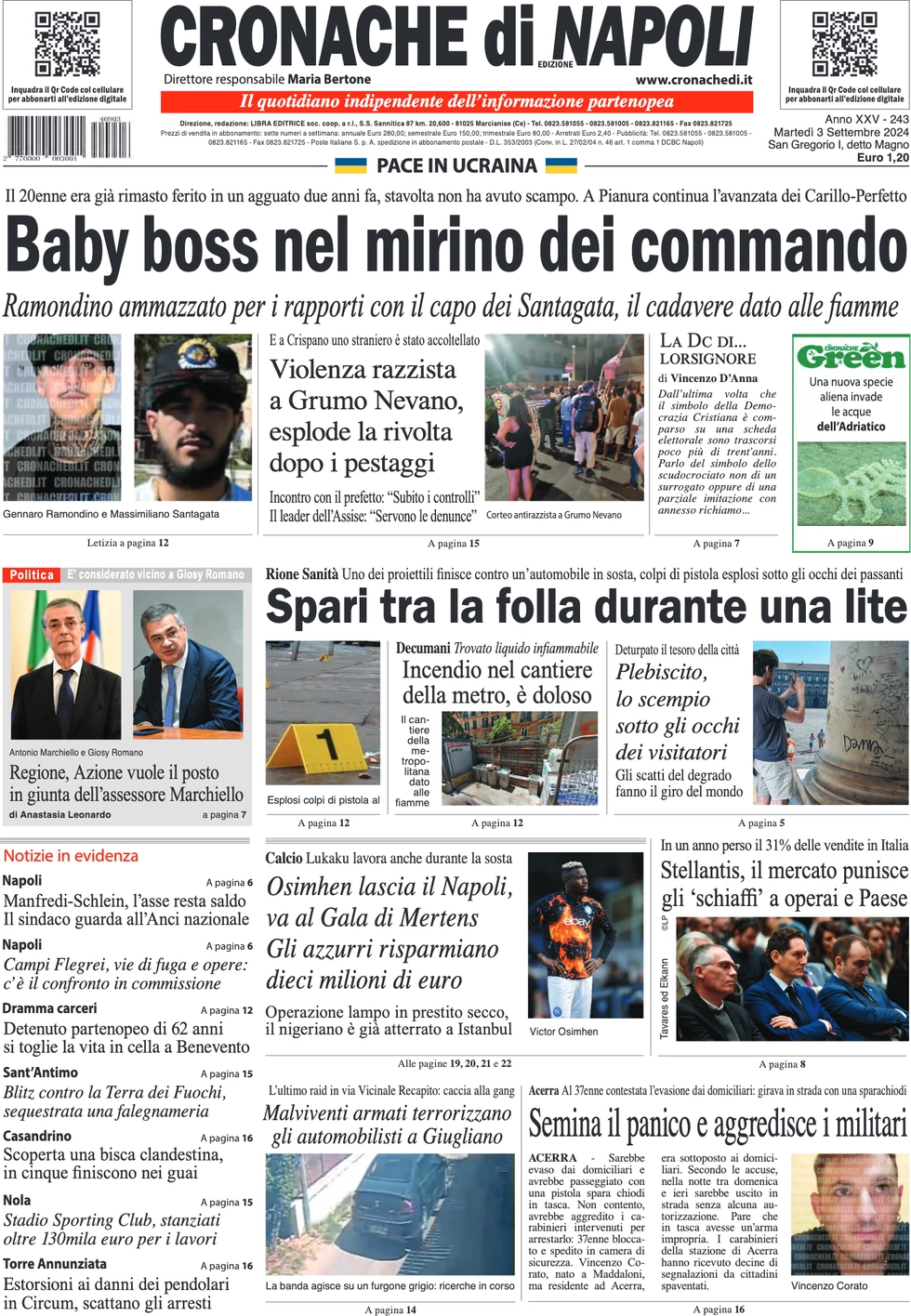 anteprima della prima pagina di cronache-di-napoli del 03/09/2024