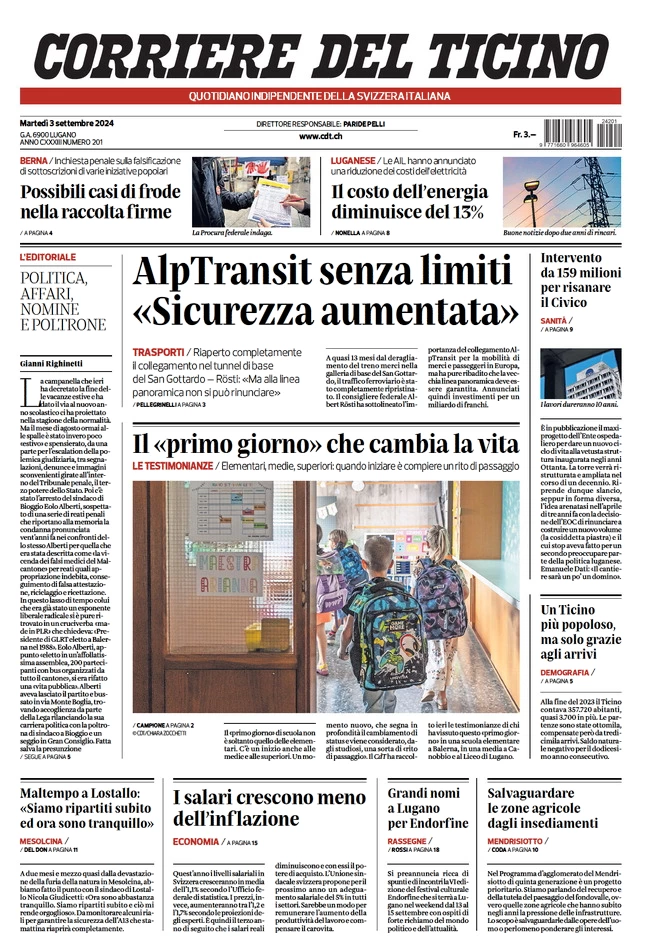 anteprima della prima pagina di corriere-del-ticino del 03/09/2024