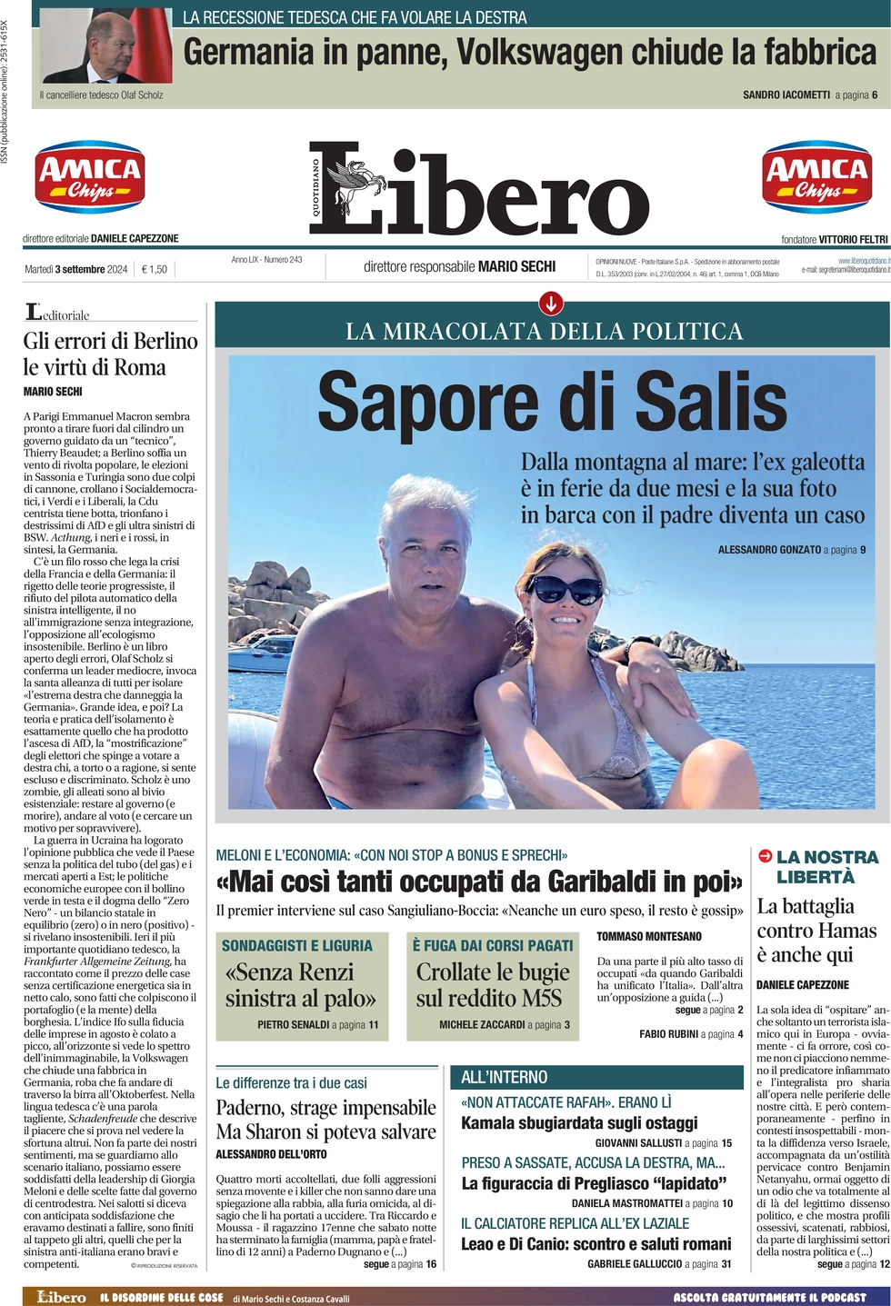 anteprima della prima pagina di libero-quotidiano del 03/09/2024