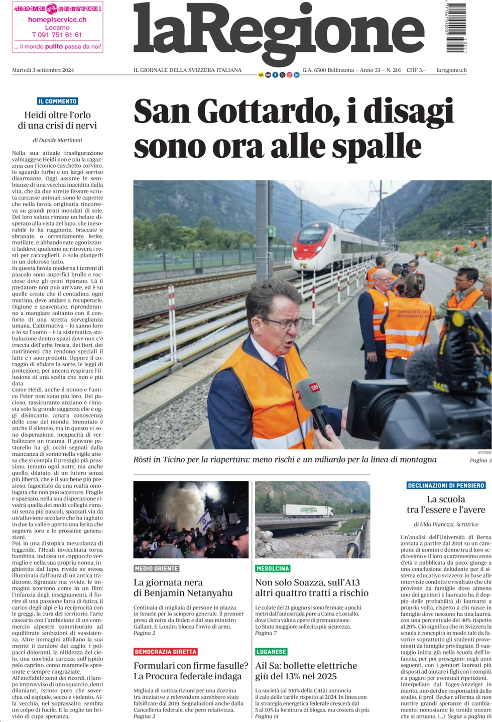 anteprima della prima pagina di la-regione del 03/09/2024