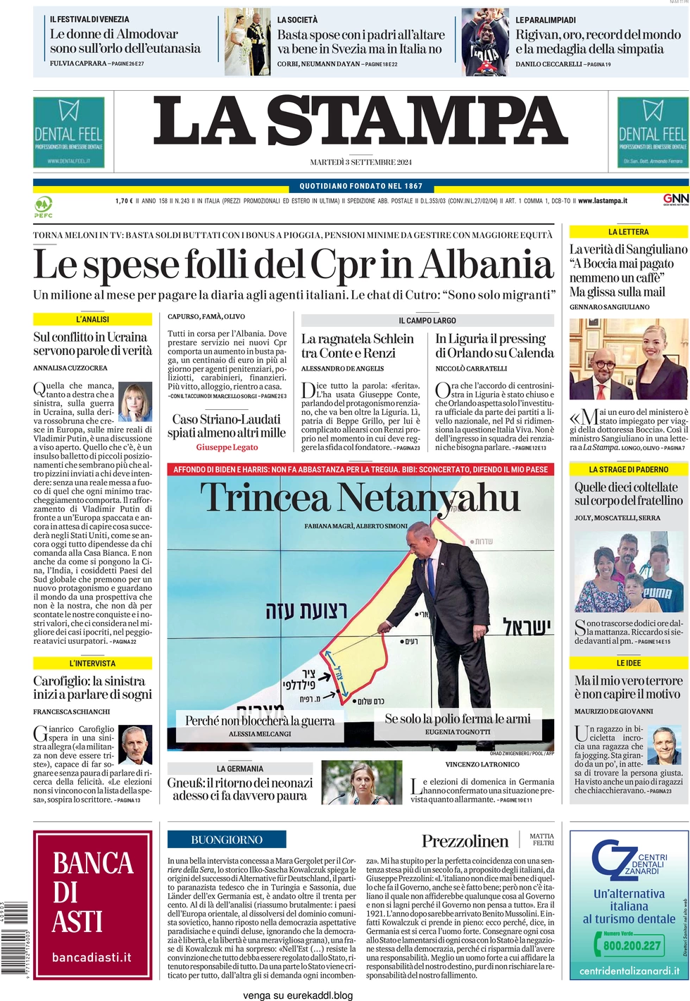 anteprima della prima pagina di la-stampa del 03/09/2024