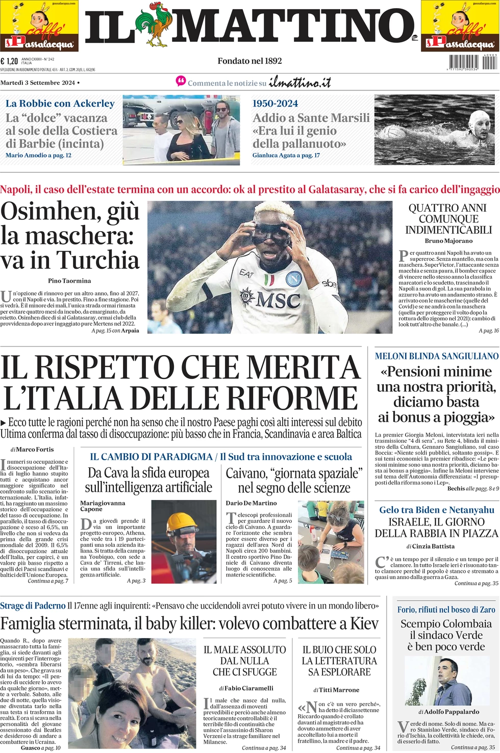 anteprima della prima pagina di il-mattino del 03/09/2024