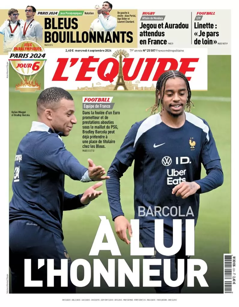 anteprima della prima pagina di lequipe del 04/09/2024