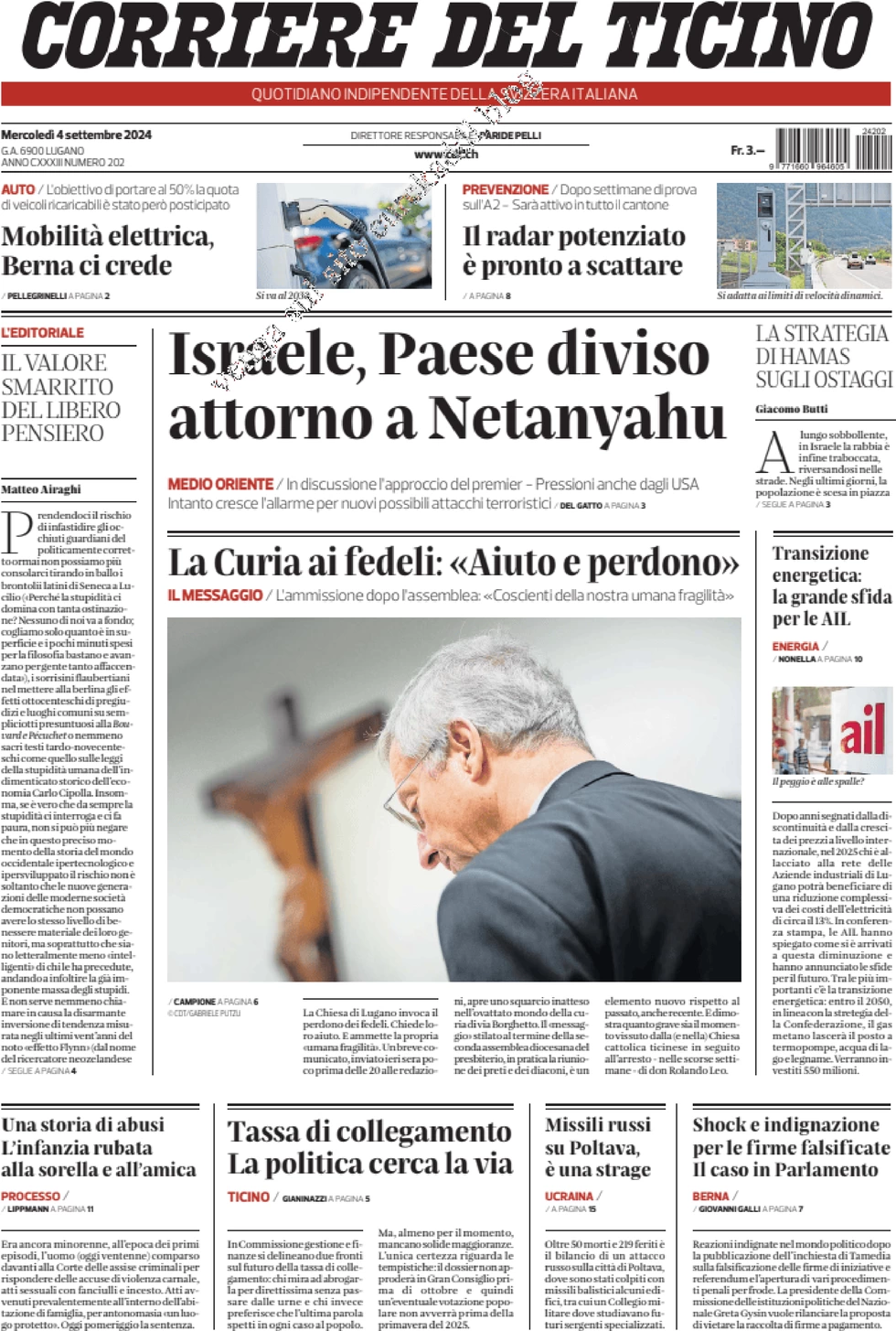 anteprima della prima pagina di corriere-del-ticino del 04/09/2024