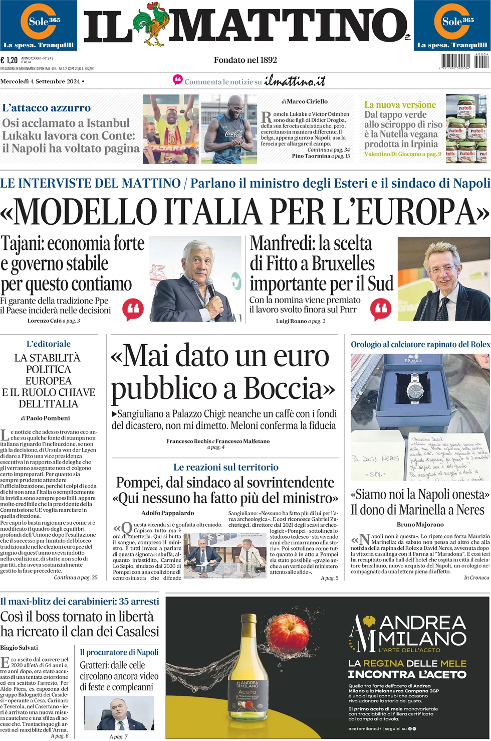 anteprima della prima pagina di il-mattino del 04/09/2024