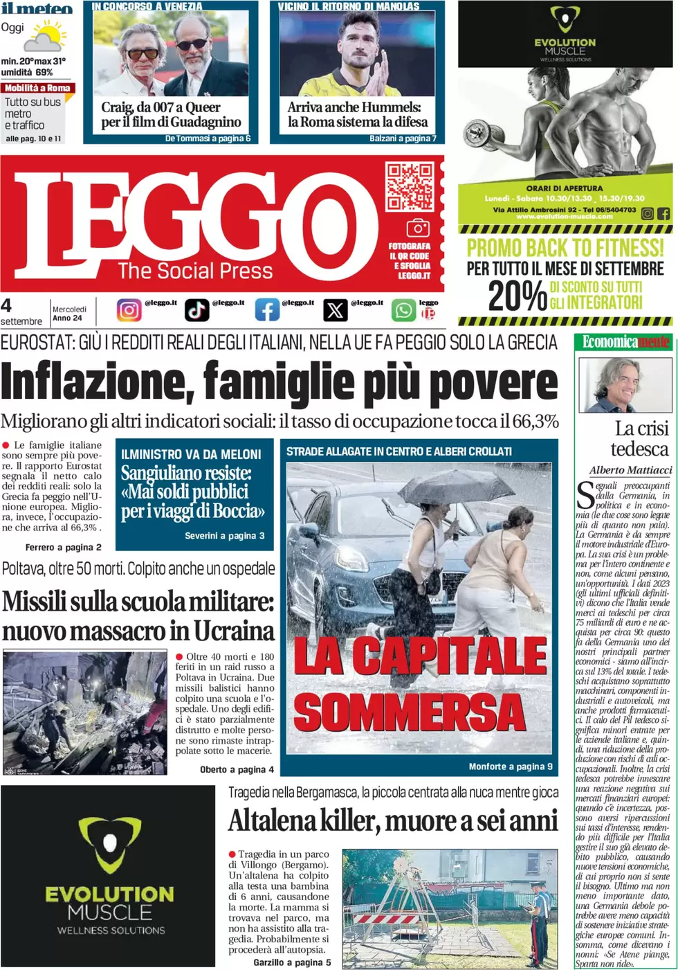 anteprima della prima pagina di leggo-roma del 04/09/2024