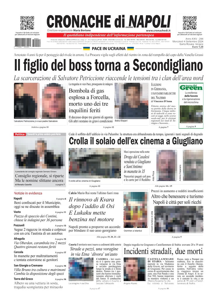 anteprima della prima pagina di cronache-di-napoli del 04/09/2024