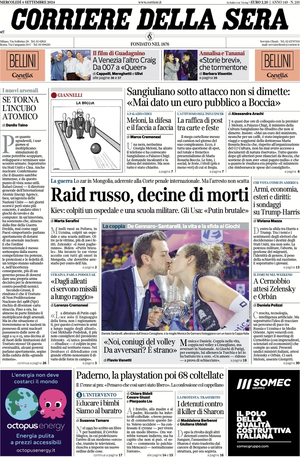 anteprima della prima pagina di corriere-della-sera del 04/09/2024