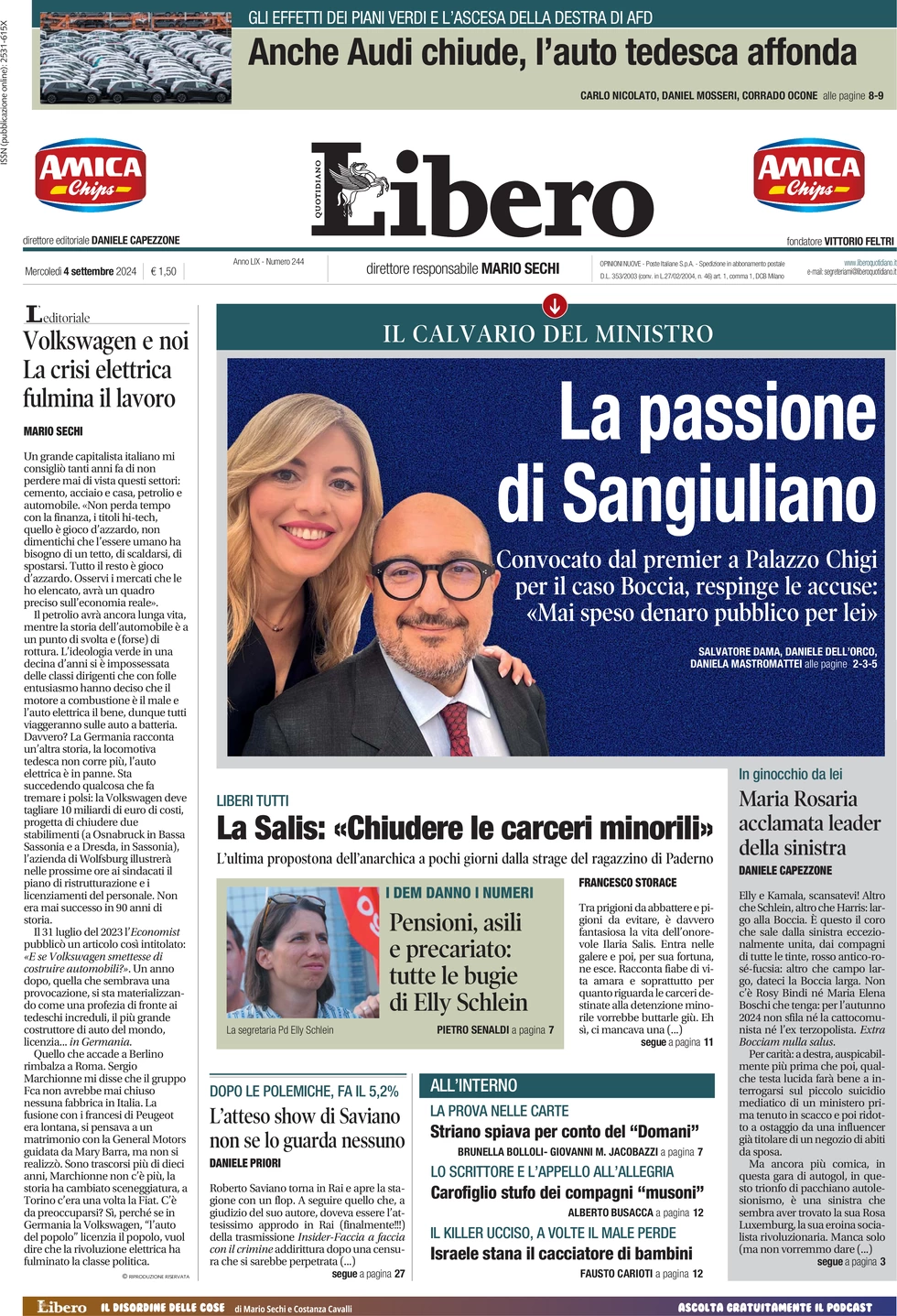 anteprima della prima pagina di libero-quotidiano del 04/09/2024