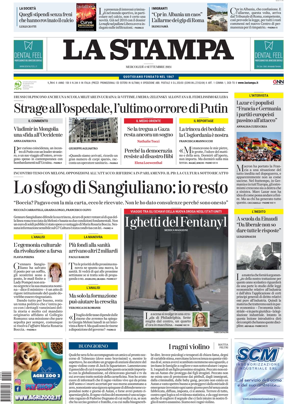 anteprima della prima pagina di la-stampa del 04/09/2024