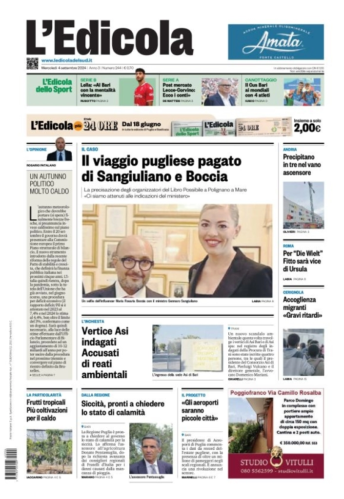 anteprima della prima pagina di ledicola-del-sud-bari,-foggia,-basilicata del 04/09/2024
