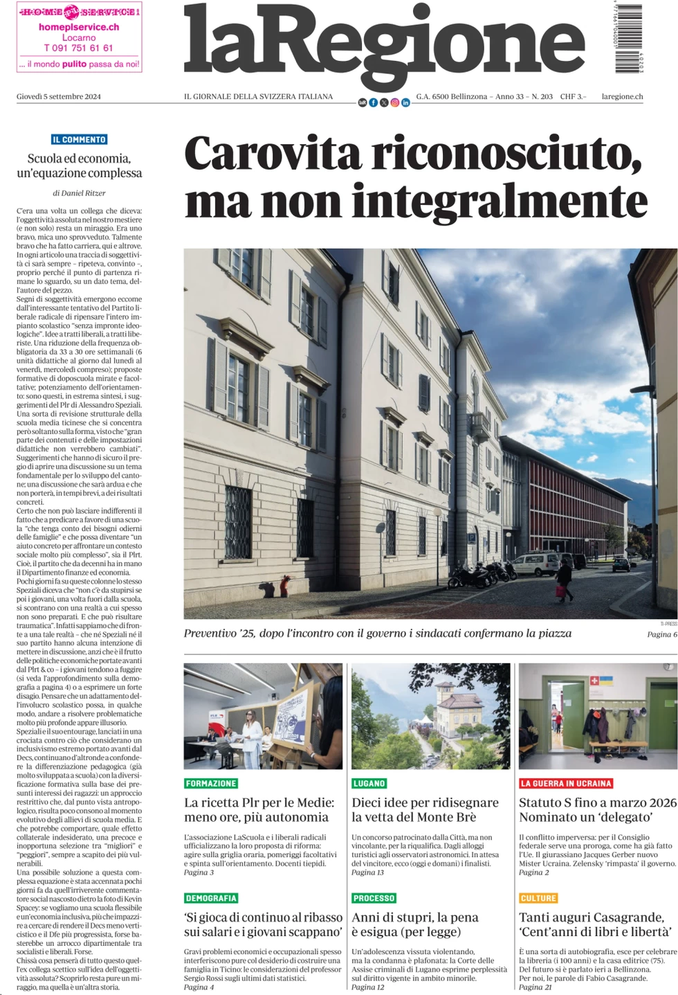 anteprima della prima pagina di la-regione del 05/09/2024