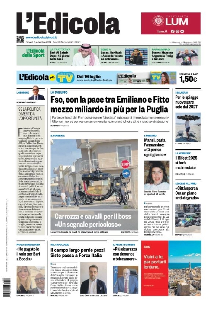 anteprima della prima pagina di ledicola-del-sud-bari,-foggia,-basilicata del 05/09/2024