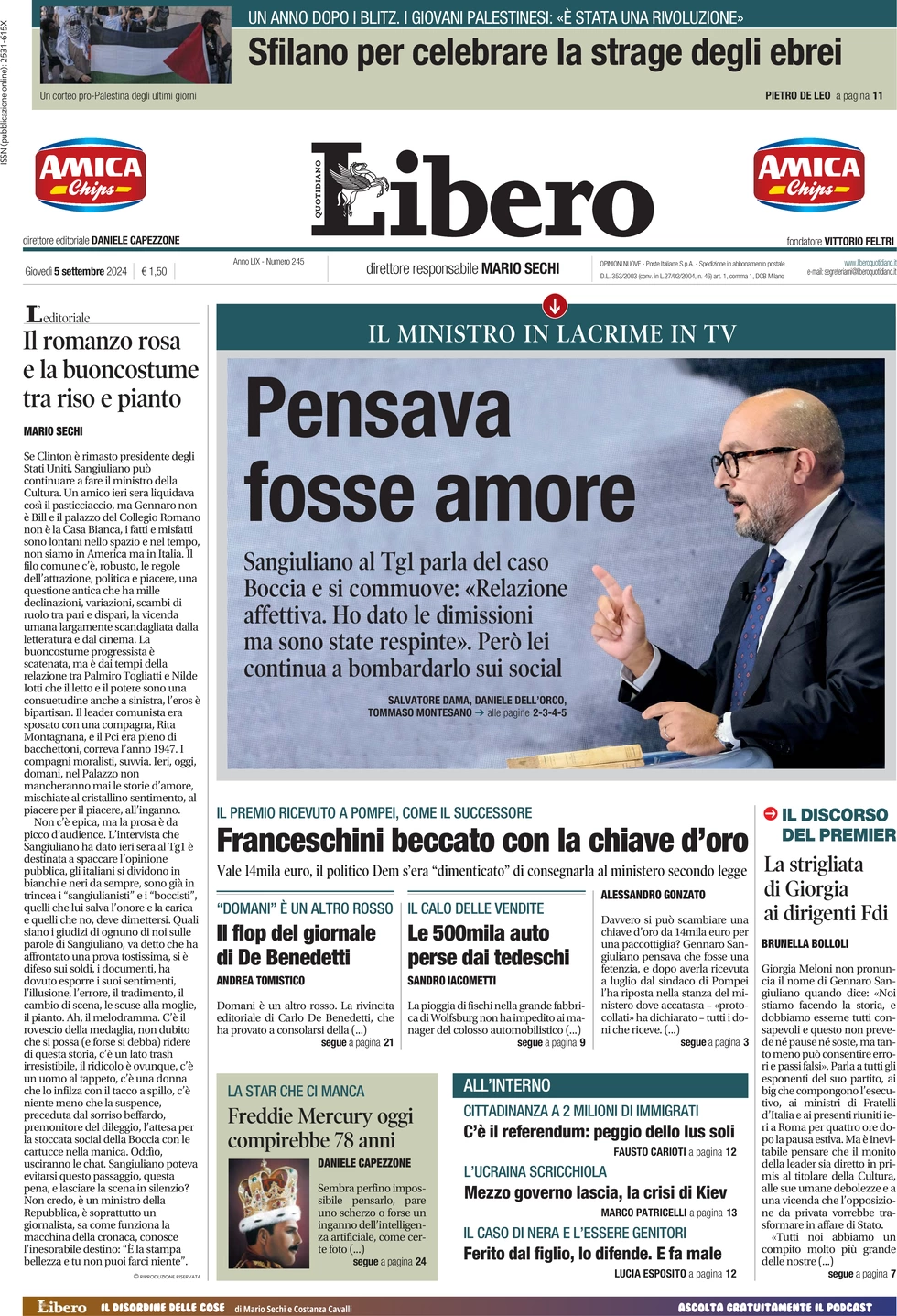 anteprima della prima pagina di libero-quotidiano del 05/09/2024