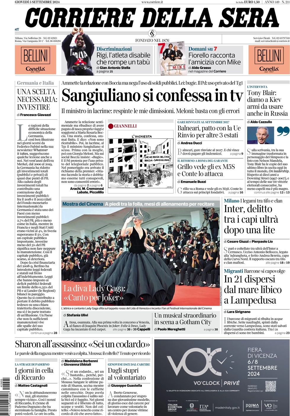 anteprima della prima pagina di corriere-della-sera del 05/09/2024