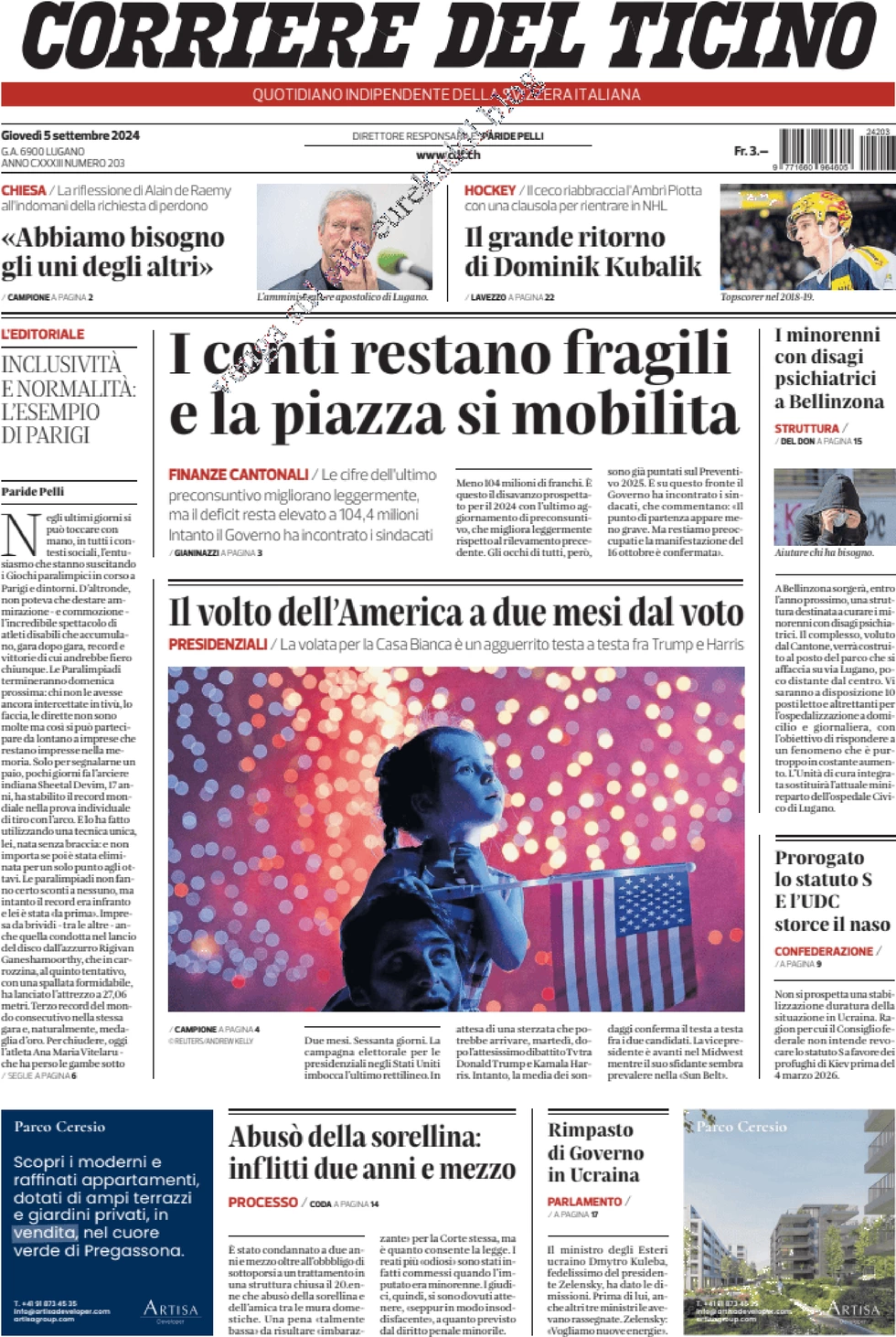 anteprima della prima pagina di corriere-del-ticino del 05/09/2024