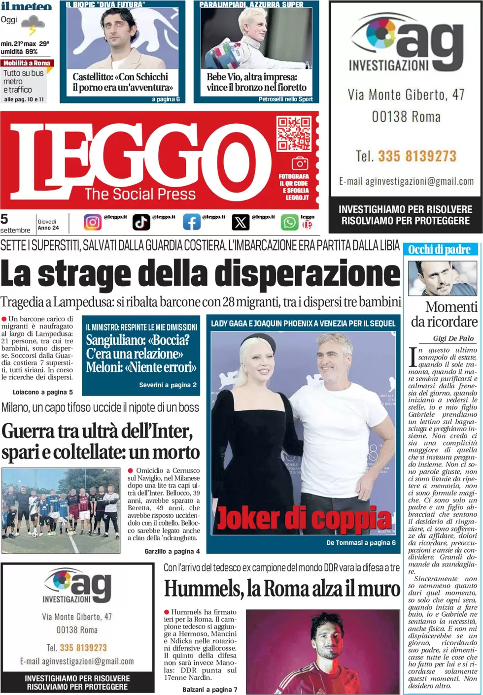 anteprima della prima pagina di leggo-roma del 05/09/2024