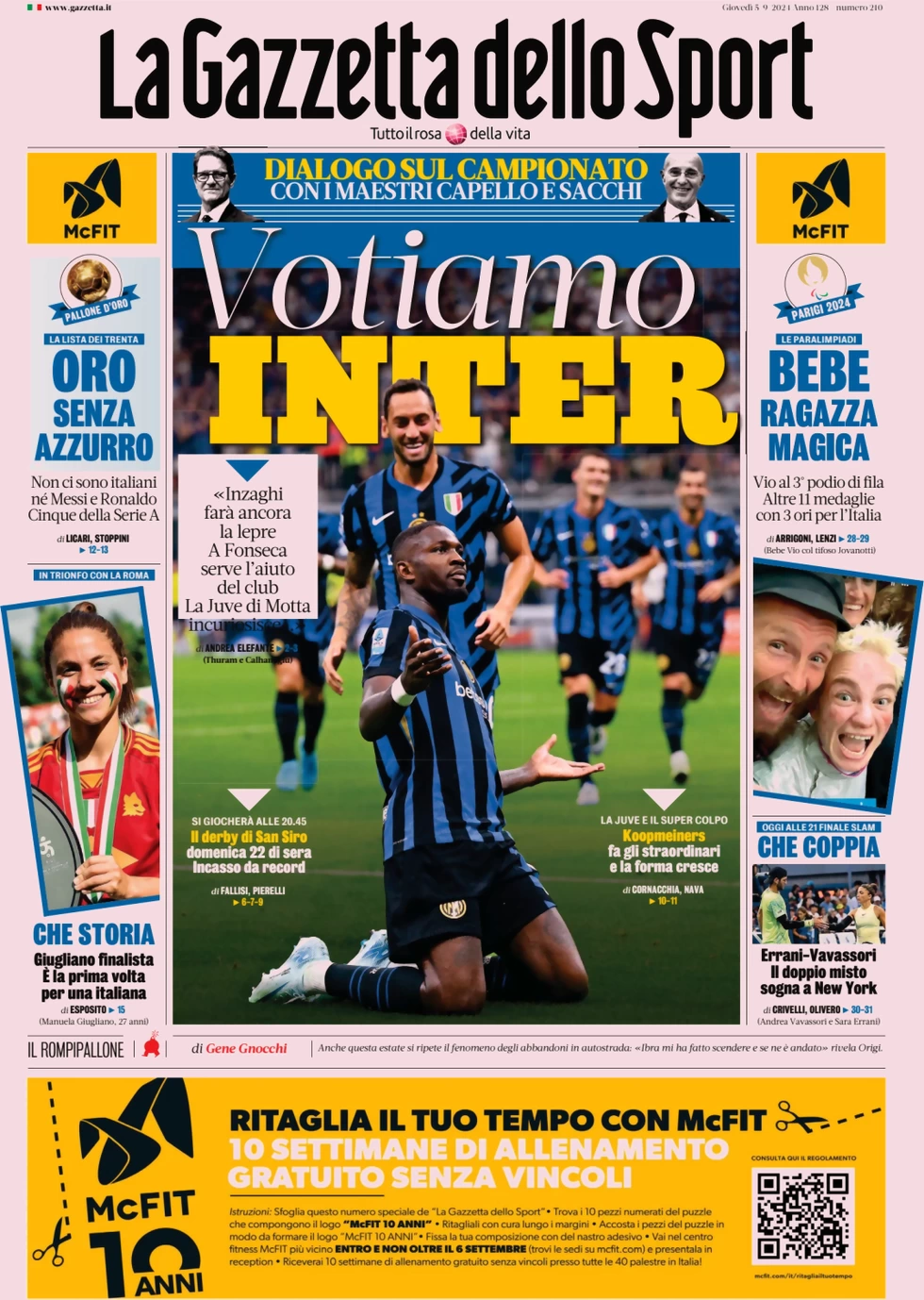 anteprima della prima pagina di la-gazzetta-dello-sport del 05/09/2024