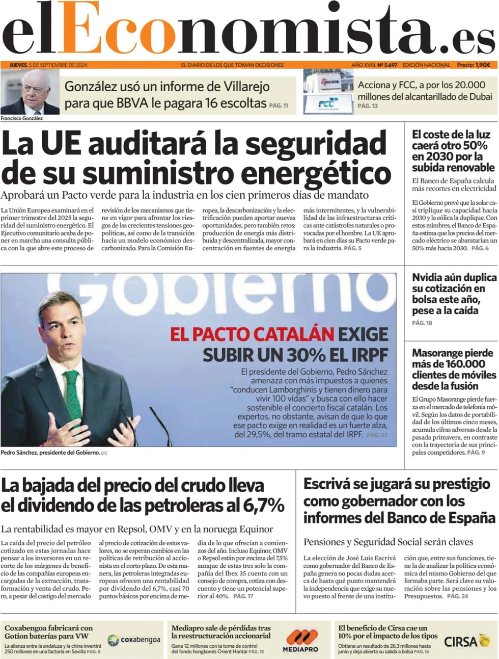 anteprima della prima pagina di el-economista del 05/09/2024