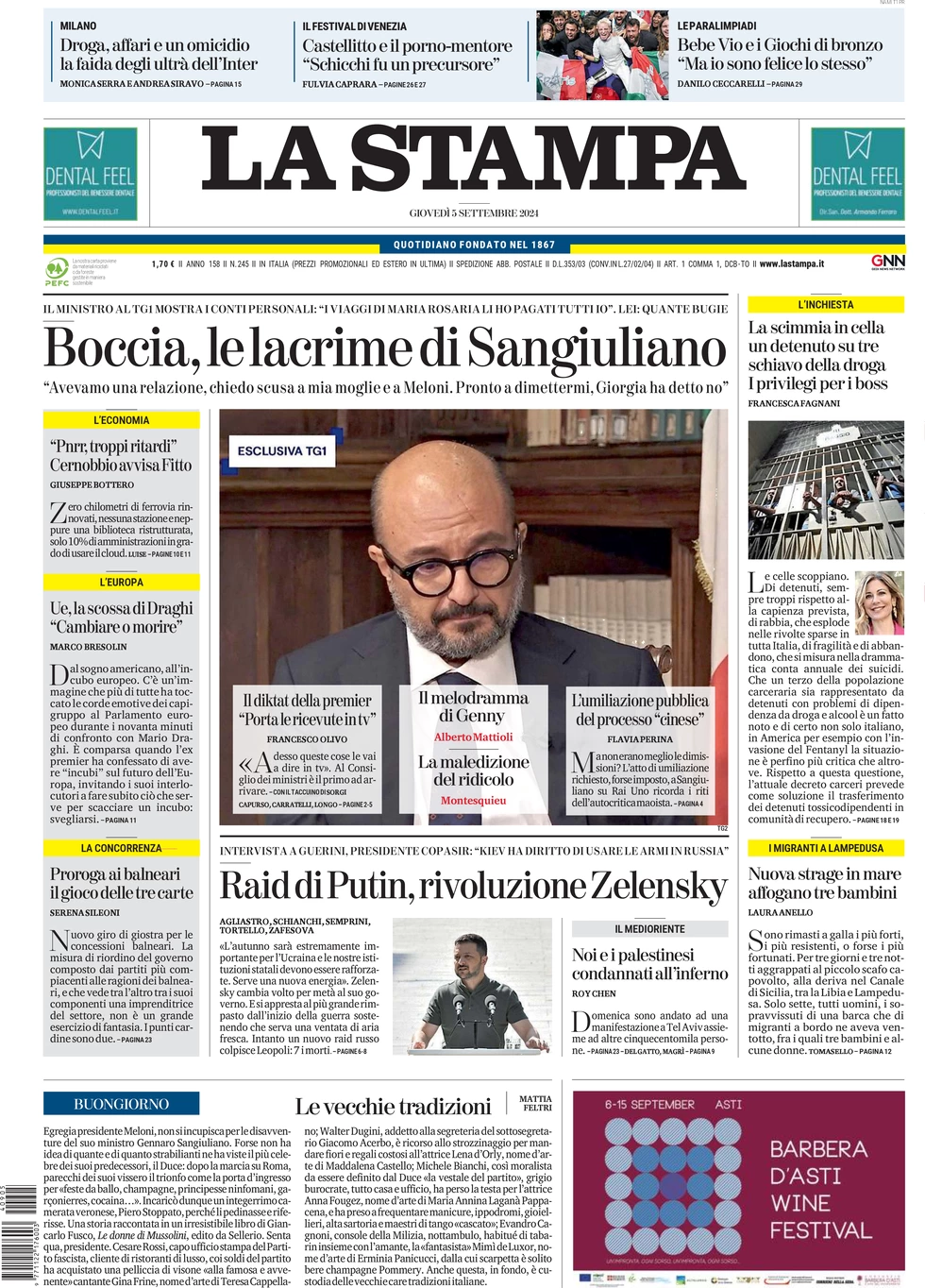 anteprima della prima pagina di la-stampa del 05/09/2024