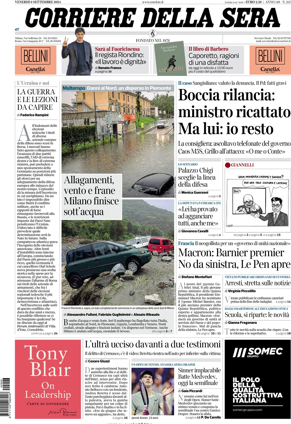 anteprima della prima pagina di corriere-della-sera del 06/09/2024