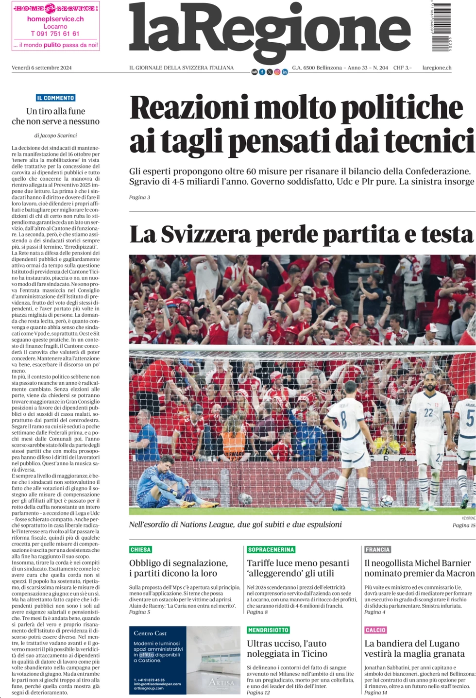 anteprima della prima pagina di la-regione del 06/09/2024