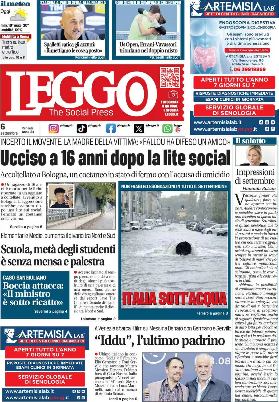 anteprima della prima pagina di leggo-roma del 06/09/2024