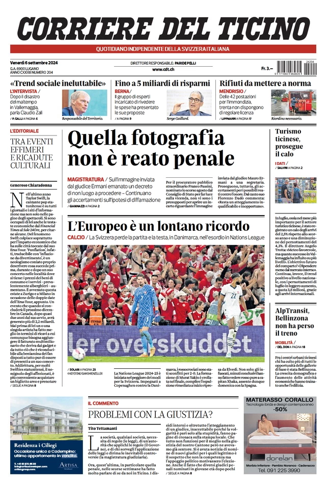 anteprima della prima pagina di corriere-del-ticino del 06/09/2024