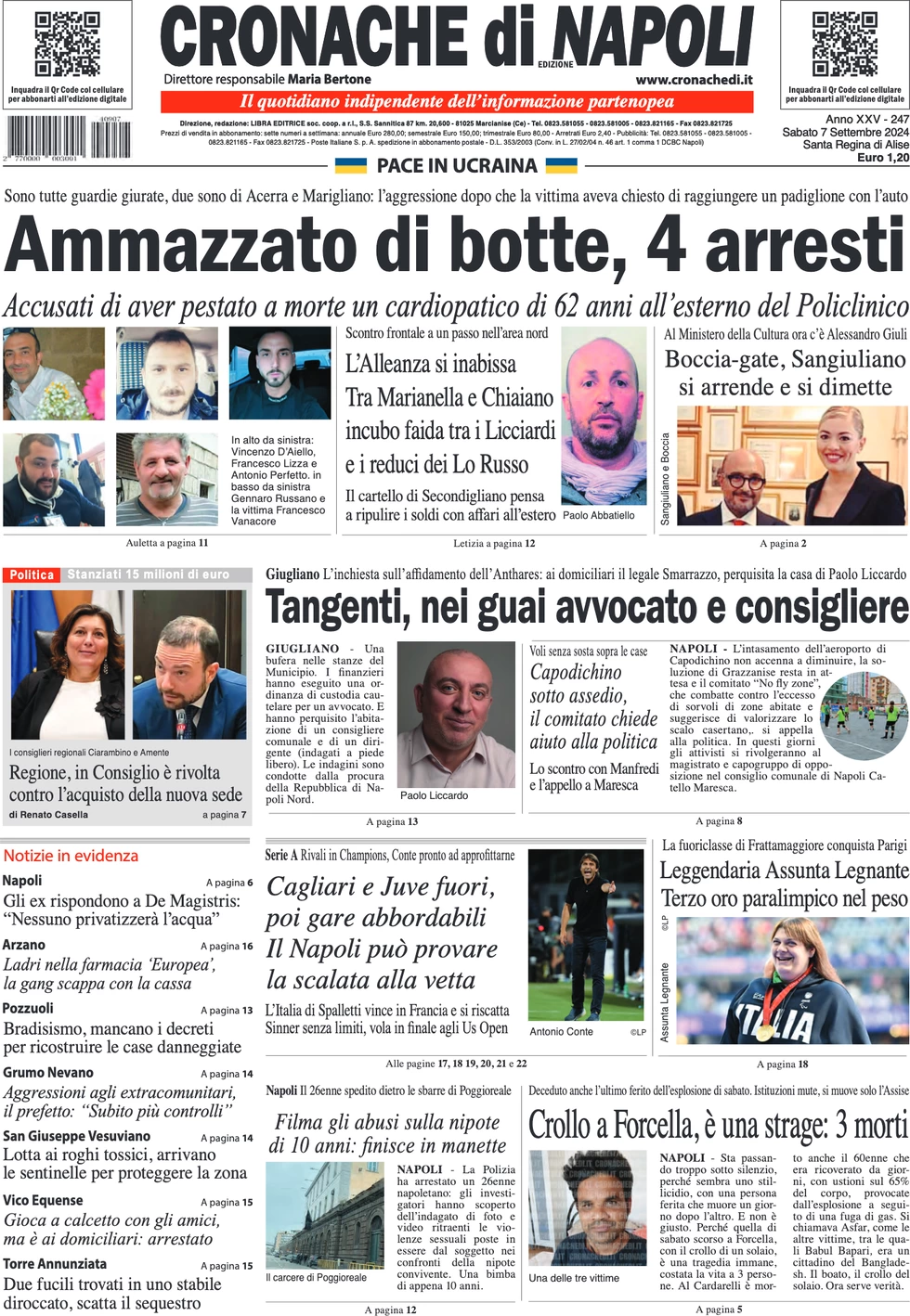 anteprima della prima pagina di cronache-di-napoli del 07/09/2024