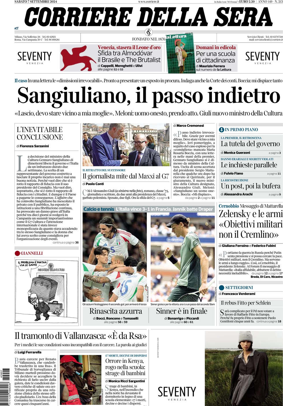 anteprima della prima pagina di Corriere della Sera